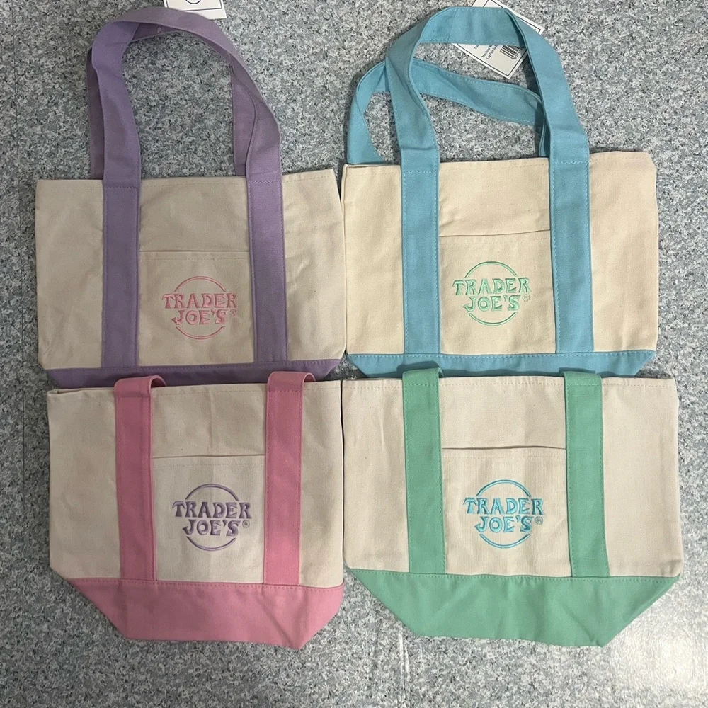 Trader Joe’s Mini Pastel Canvas Tote Bag Set Of 4 NWT Blue Green Pink Purple